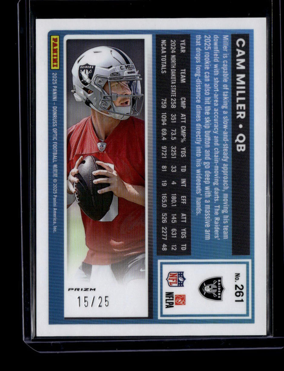 SOLD 184273 2025 Donruss Optic Black Pandora 261 Cam Miller RR Rated Rookie 15/25