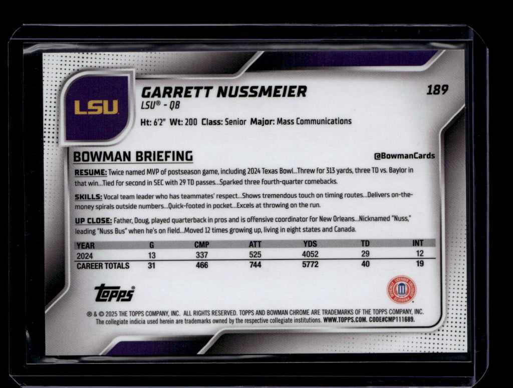 2025 Bowman Chrome U Gold Shimmer Refractor 189 Garrett Nussmeier RC 29/50
