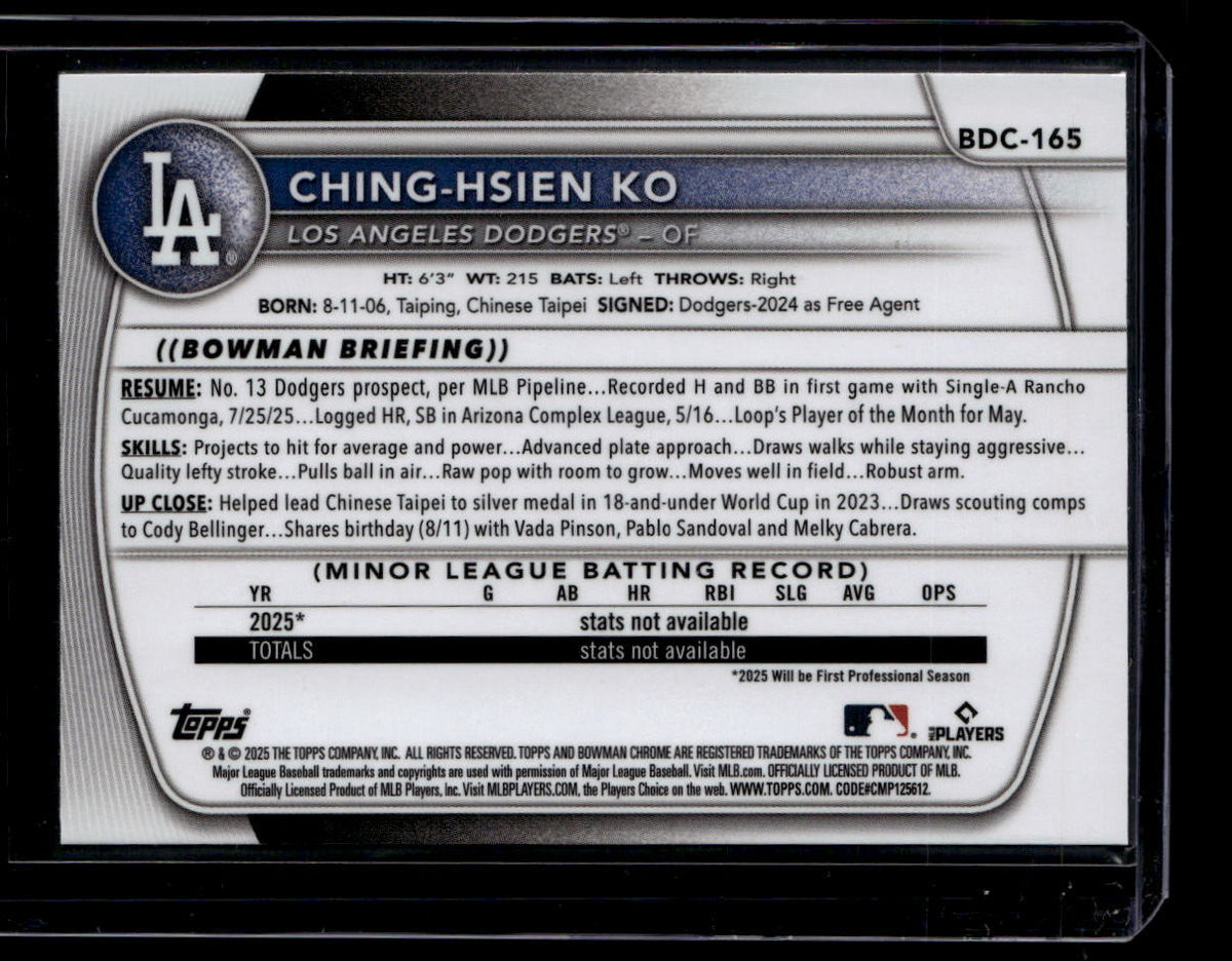 2025 Bowman Chrome Draft Sapphire Yellow Refractor Ching-Hsien Ko Rookie 37/75