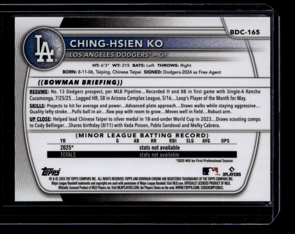 2025 Bowman Chrome Draft Sapphire Yellow Refractor Ching-Hsien Ko Rookie 42/75