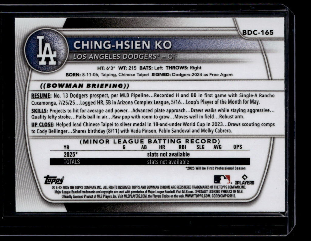 2025 Bowman Chrome Draft Sapphire Yellow Refractor Ching-Hsien Ko Rookie 55/75