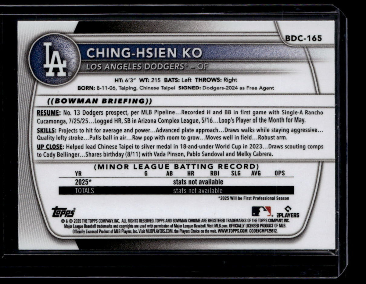 2025 Bowman Chrome Draft Sapphire Yellow Refractor Ching-Hsien Ko Rookie 55/75