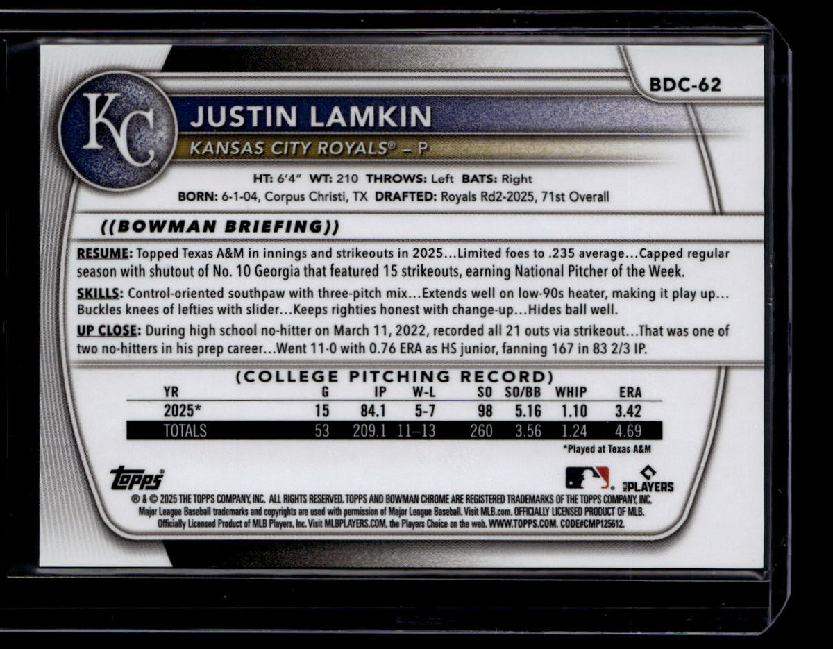 SOLD 184297 2025 Bowman Chrome Draft Gold Refractor bdc62 Justin Lamkin Rookie 23/50