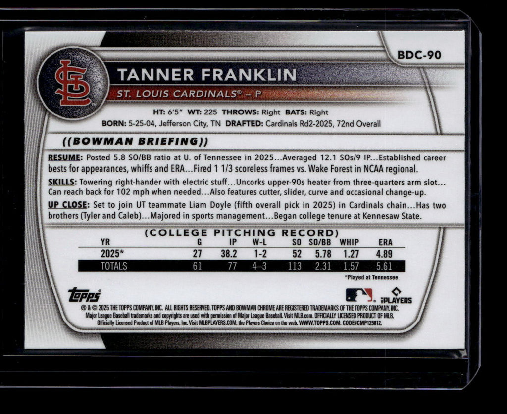 2025 Bowman Chrome Draft Blue Refractor bdc90 Tanner Franklin Rookie 67/150