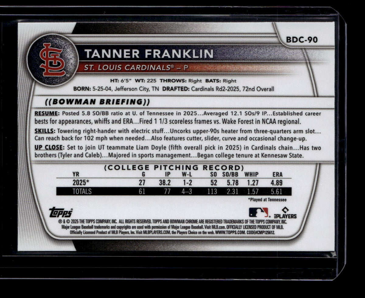 2025 Bowman Chrome Draft Blue Refractor bdc90 Tanner Franklin Rookie 67/150
