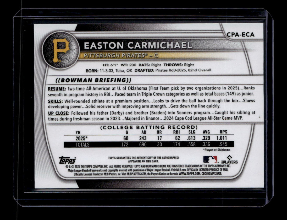 SOLD 184303 2025 Bowman Chrome Draft Autographs CPAECA Easton Carmichael Rookie Auto