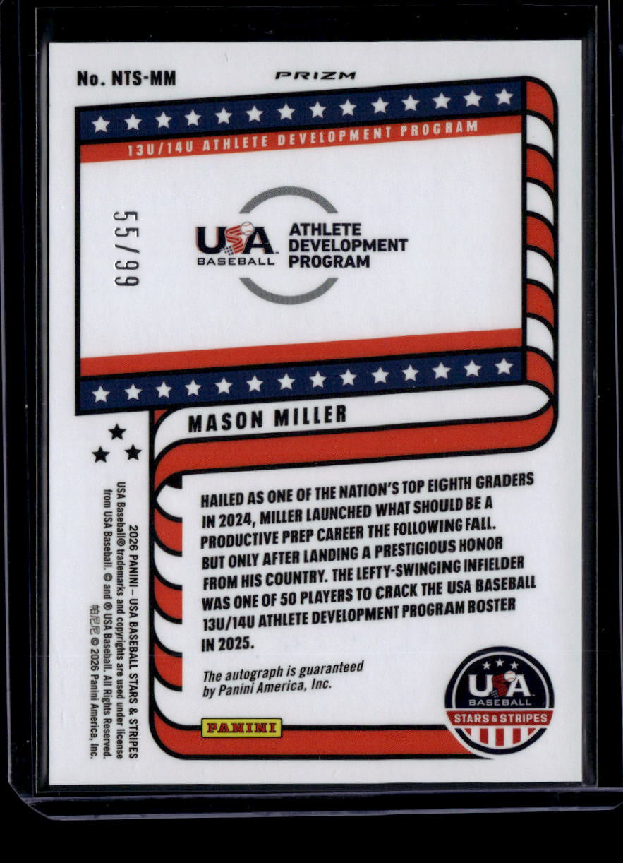 SOLD 184315 2026 USA Stars and Stripes Prizm National Team Red Mason Miller RC Auto 55/99
