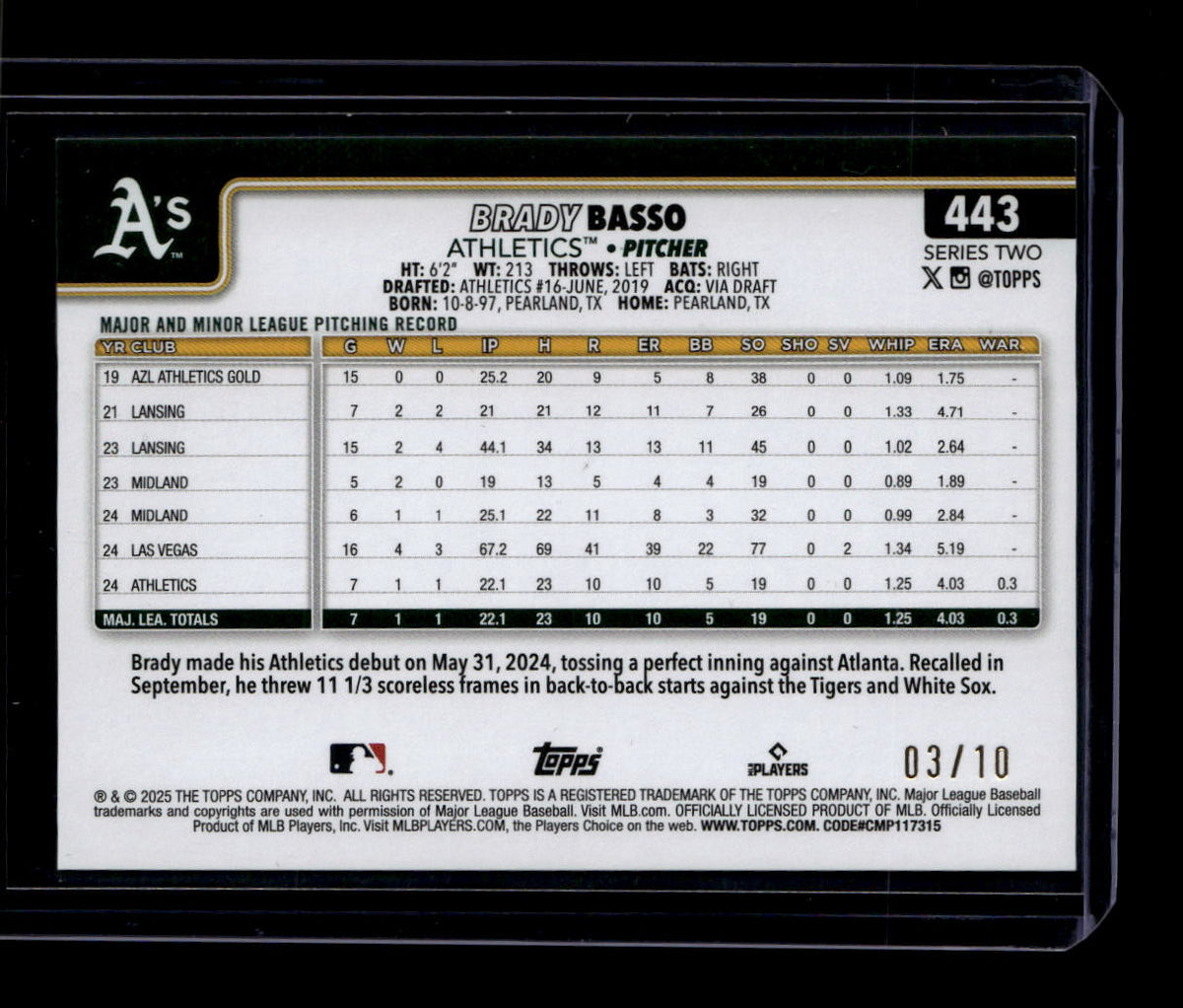 2025 Topps Fanatics Fest Big Apple Black Foil 443 Brady Basso Rookie 3/10