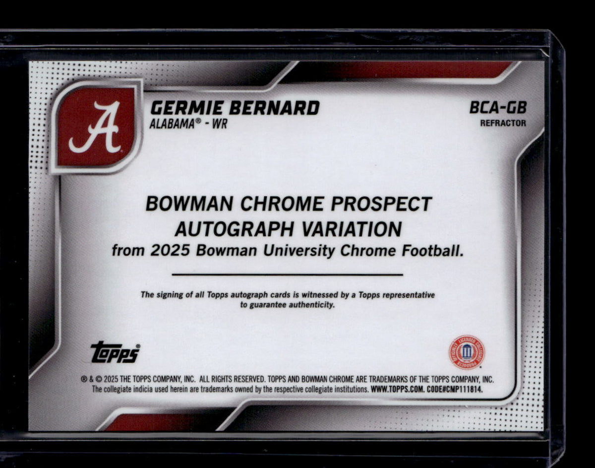 SOLD 184326 2025 Bowman Chrome U Autographs Refractor BCAGB Germie Bernard RC Auto 220/299