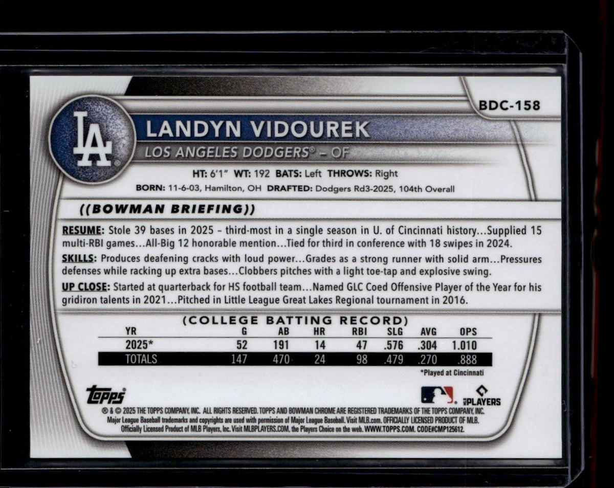 SOLD 184335 2025 Bowman Chrome Draft Sapphire Orange Refractor Landyn Vidourek RC 19/25