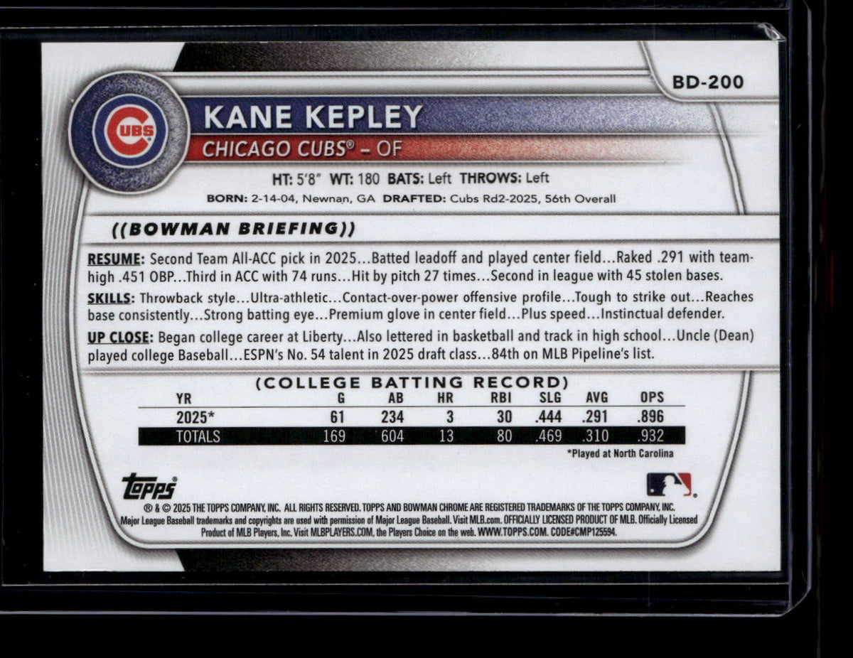 SOLD 184336 2025 Bowman Draft Orange bd200 Kane Kepley Rookie 11/25
