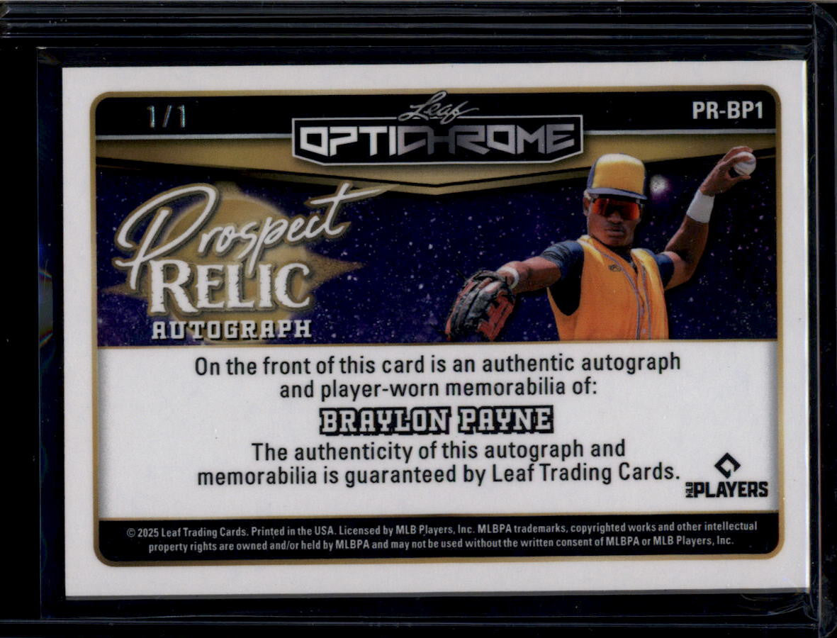 SOLD 184337 2025 Leaf Optichrome Prospect Relic Super prbp1 Braylon Payne RC Jersey Auto 1/1