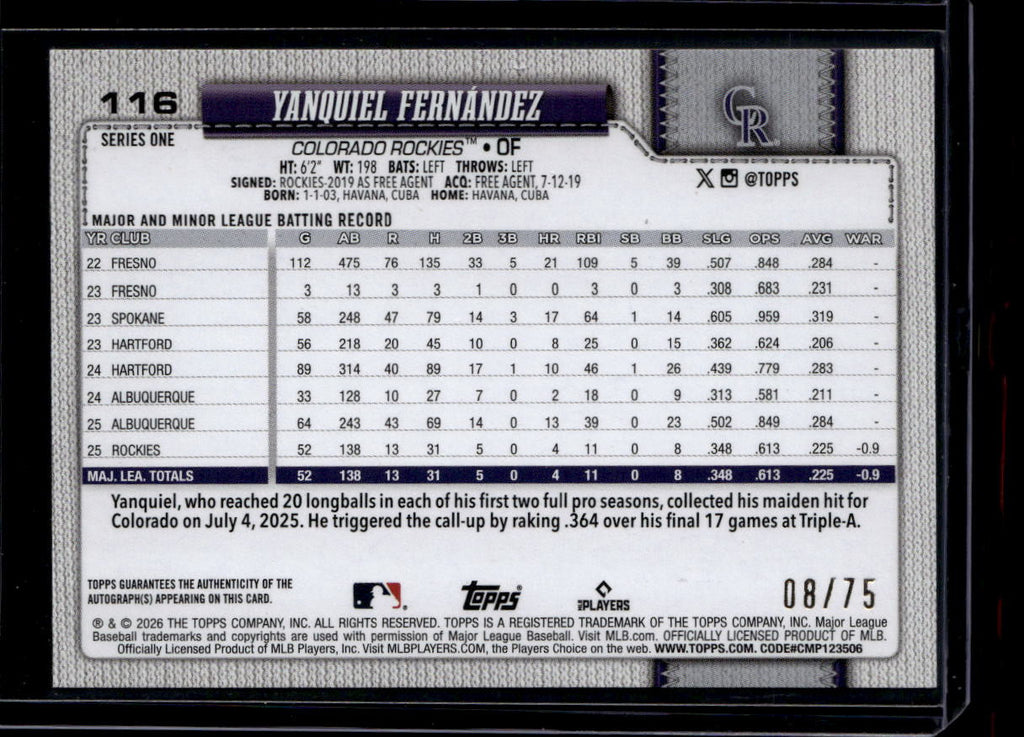 2026 Topps Real One Autographs 75th Anniversary Yanquiel Fernandez RC Auto 8/75