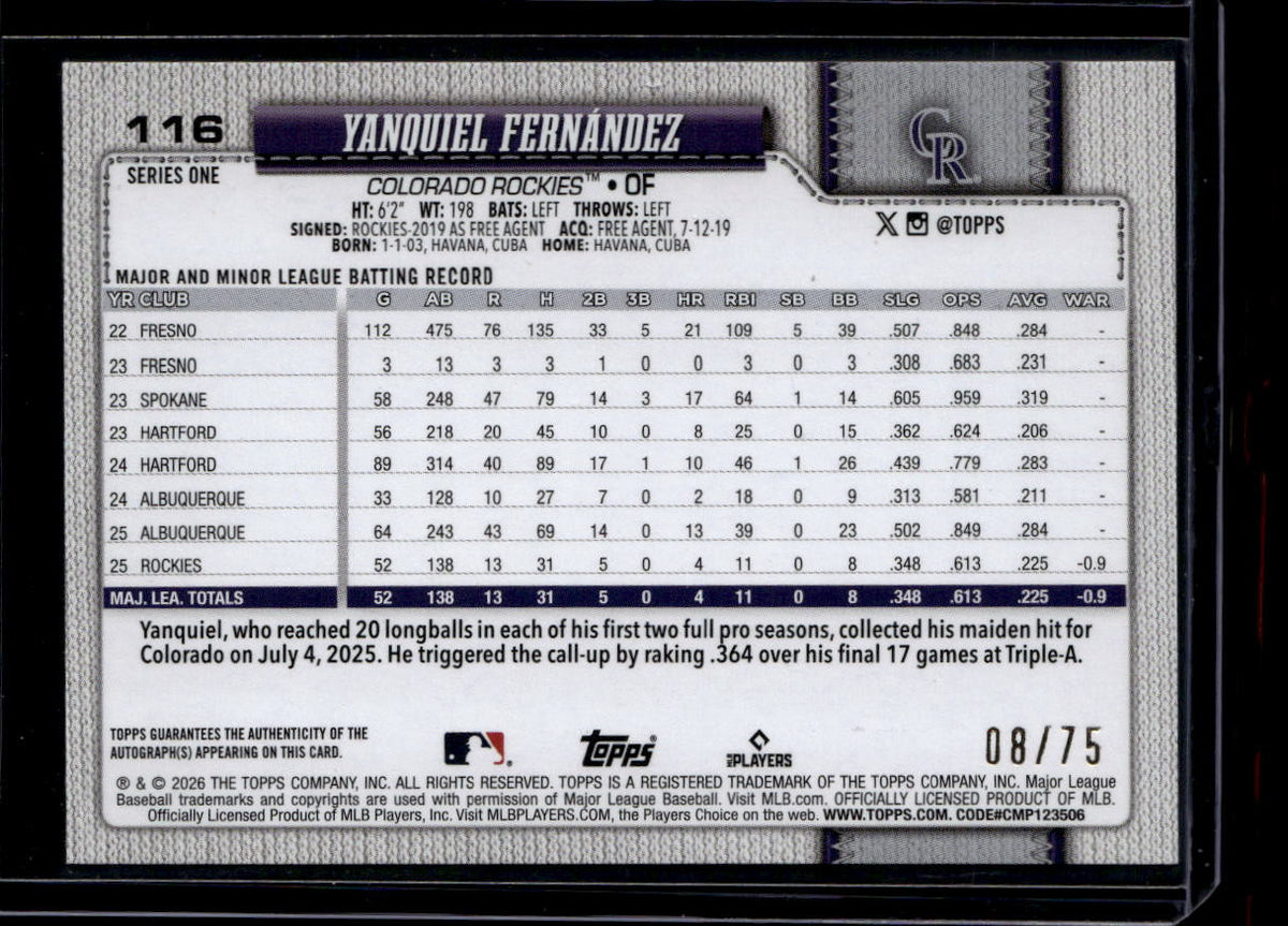 2026 Topps Real One Autographs 75th Anniversary Yanquiel Fernandez RC Auto 8/75