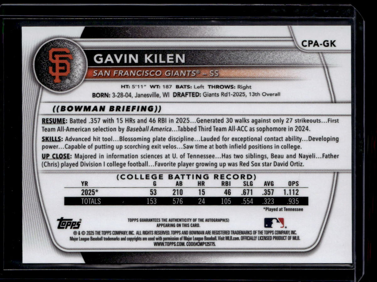 SOLD 184342 2025 Bowman Chrome Draft Autographs CPAGK Gavin Kilen Rookie Auto