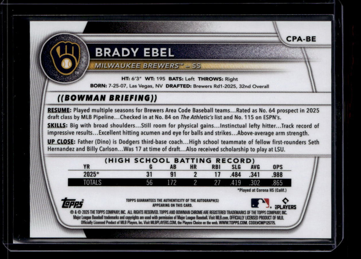SOLD 184343 2025 Bowman Chrome Draft Autographs CPABE Brady Ebel Rookie Auto