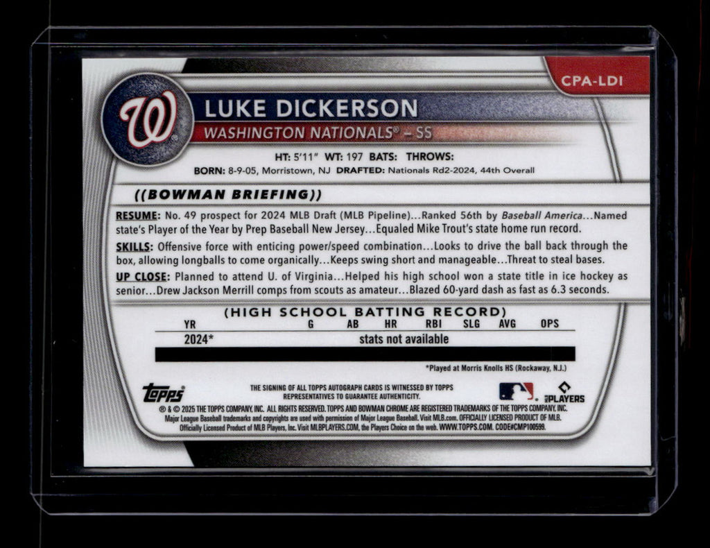 SOLD 184344 2025 Bowman Chrome Autographs Speckle Refractor Luke Dickerson RC Auto 96/299