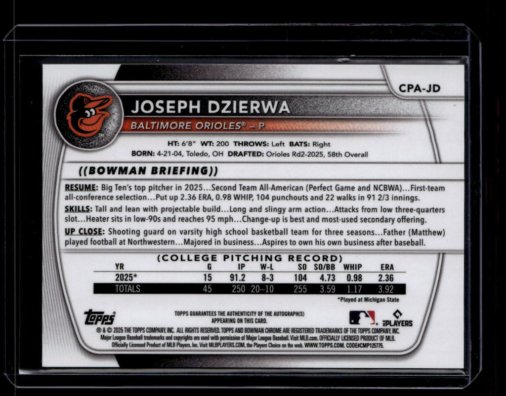 SOLD 184346 2025 Bowman Chrome Draft Autographs CPAJD Joseph Dzierwa Rookie Auto