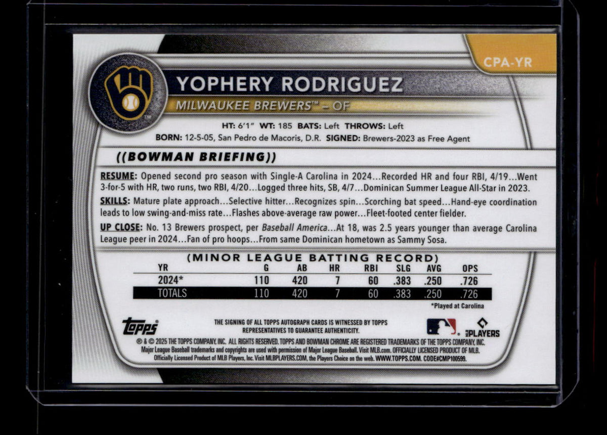 2025 Bowman Chrome Prospect Autographs CPAYR Yophery Rodriguez Rookie Auto