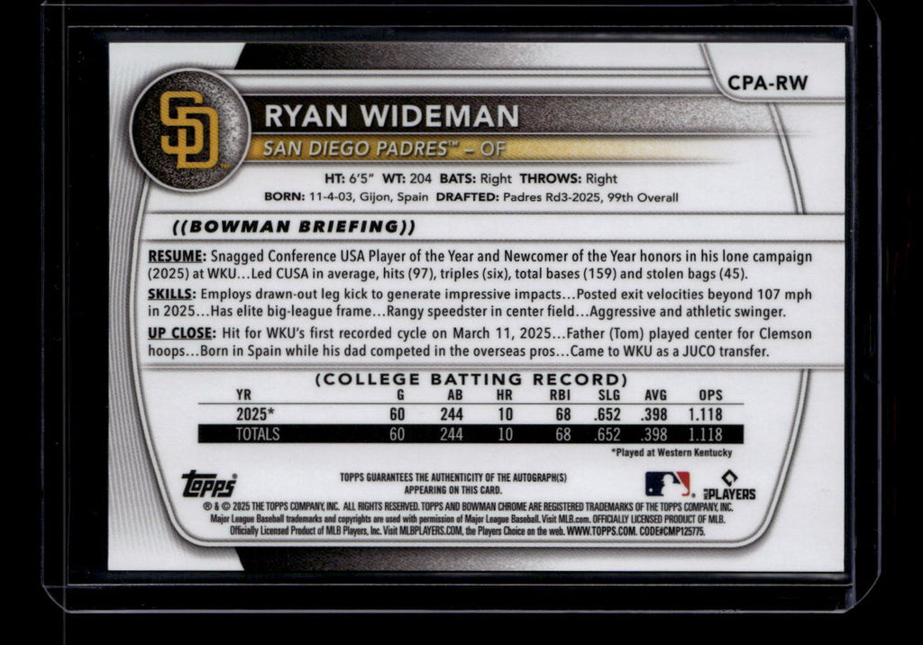 SOLD 184348 2025 Bowman Chrome Draft Autographs CPARW Ryan Wideman Rookie Auto