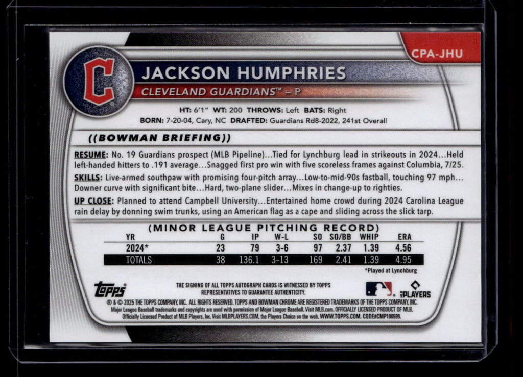 2025 Bowman Chrome Autographs Blue X-Fractor Jackson Humphries Rookie Auto 6/150