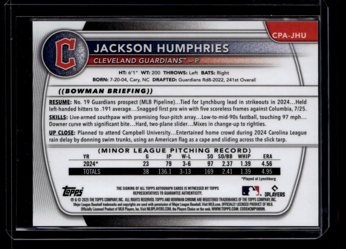 2025 Bowman Chrome Autographs Blue X-Fractor Jackson Humphries Rookie Auto 6/150
