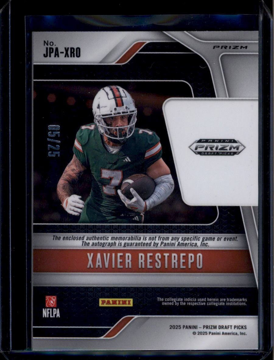SOLD 184353 2025 Panini Prizm Draft Autographs Tie-Dye 22 Xavier Restrepo RC Patch Auto 5/25