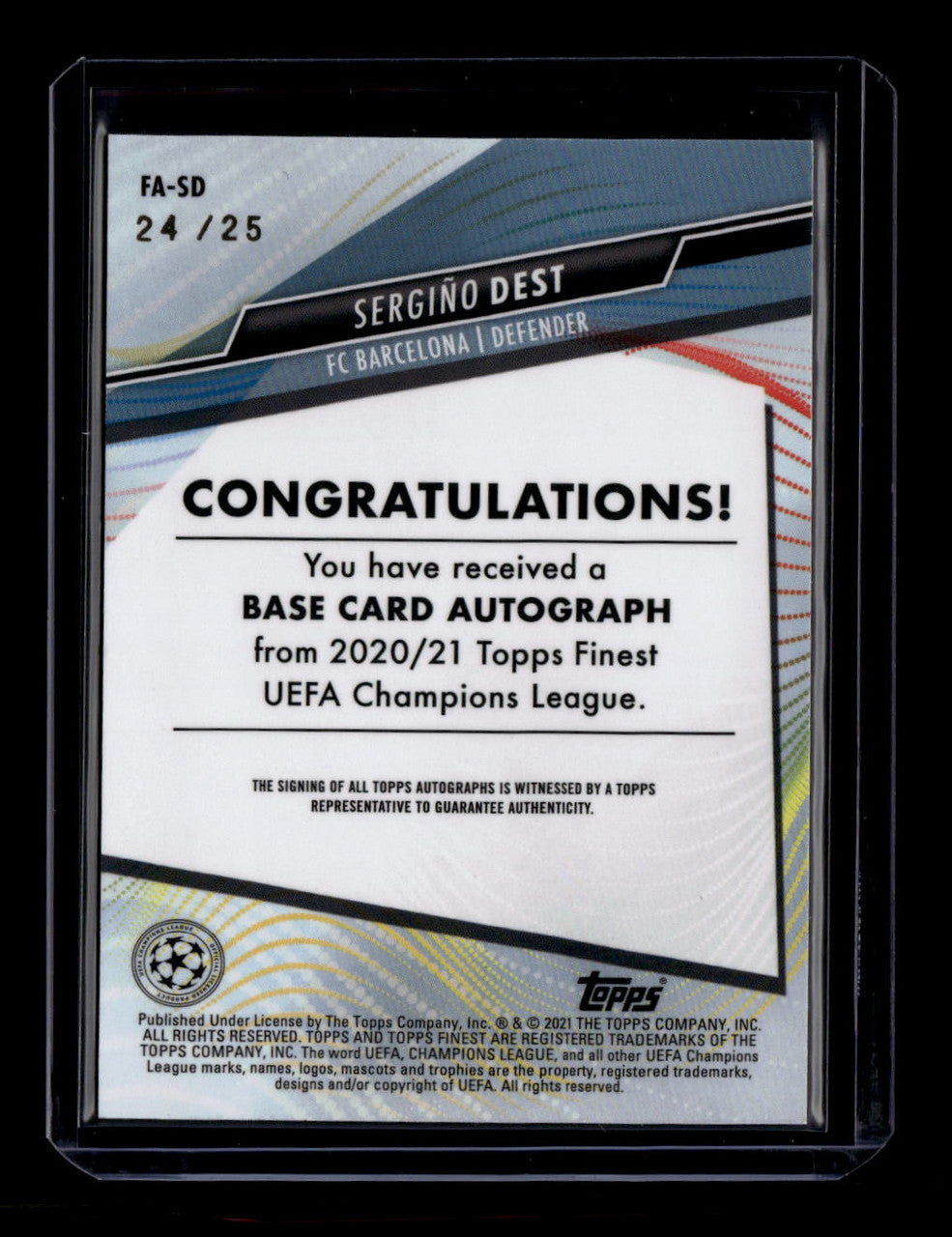 SOLD 184362 2020-21 Finest UEFA Autographs Orange Wave Refractor Sergino Dest Auto 24/25