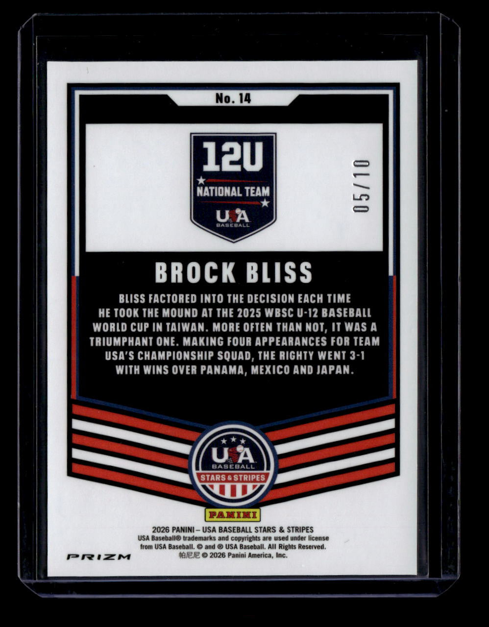 2026 USA Baseball Stars and Stripes Prizm Prizms Gold 14 Brock Bliss Rookie 5/10