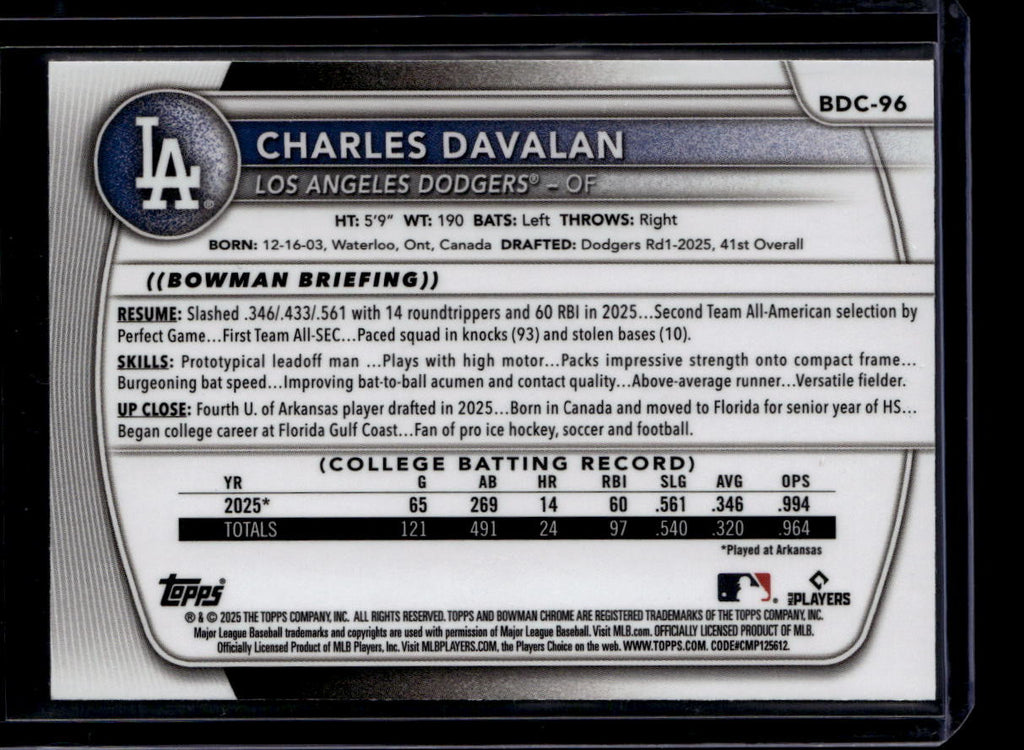 SOLD 184373 2025 Bowman Chrome Draft Sapphire Yellow Refractor bdc96 Charles Davalan RC /75