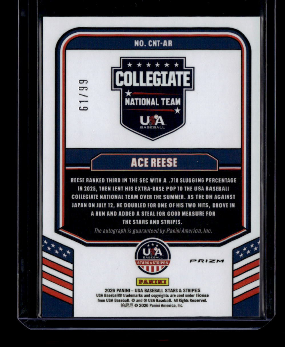 SOLD 184377 2026 USA Stars Stripes Prizm Collegiate National Team Red Ace Reese RC Auto /99