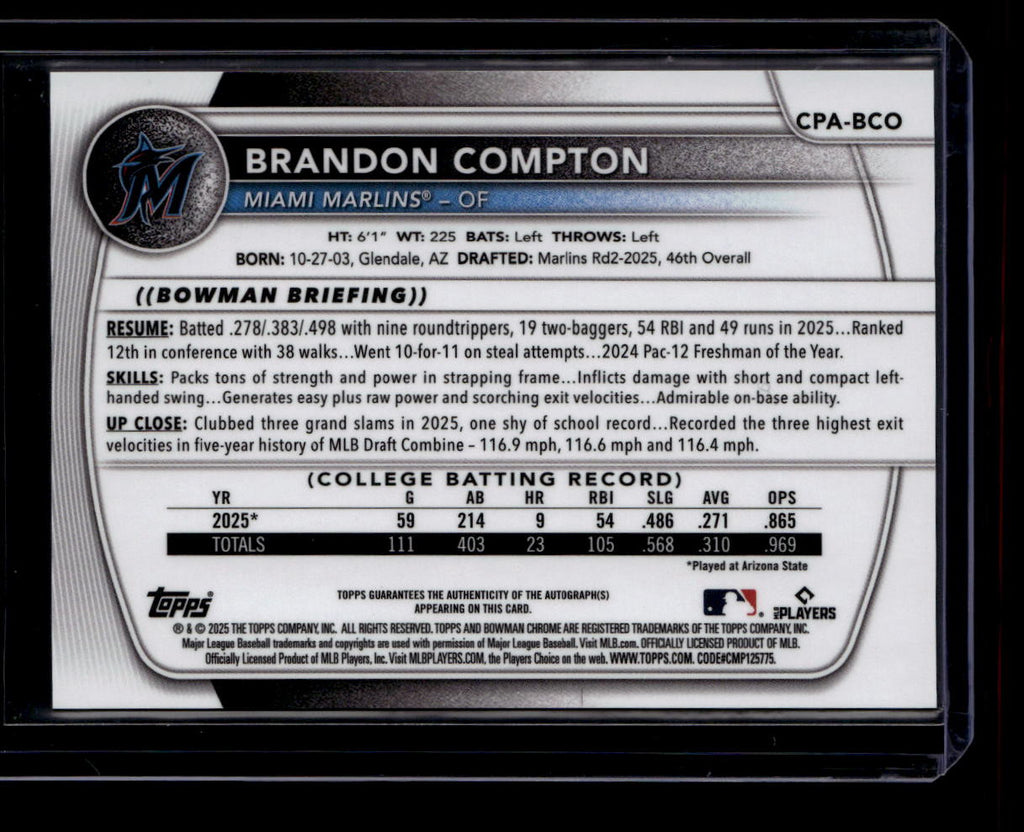 SOLD 184381 2025 Bowman Chrome Autographs Blue Wave Refractor Brandon Compton RC Auto 16/150