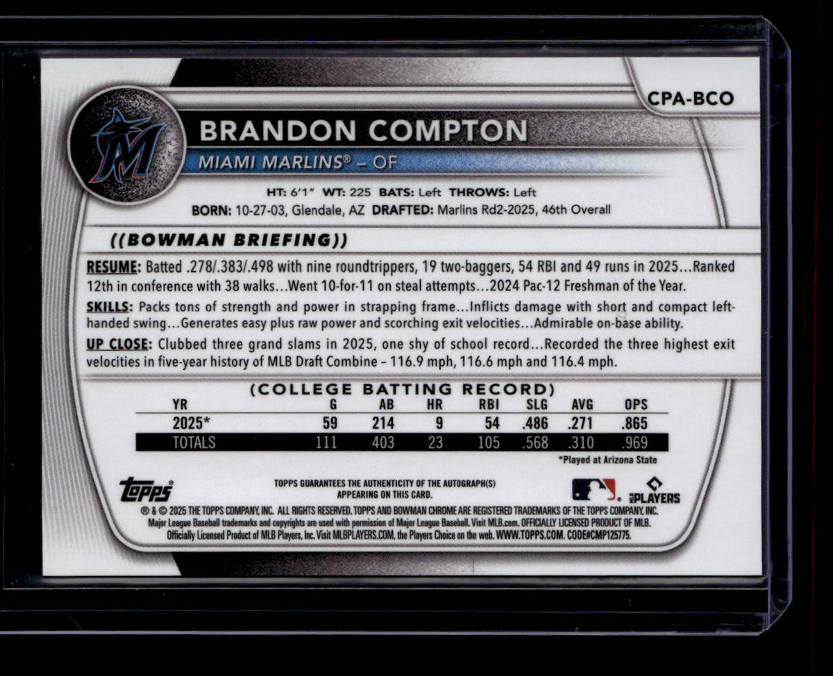 SOLD 184381 2025 Bowman Chrome Autographs Blue Wave Refractor Brandon Compton RC Auto 16/150