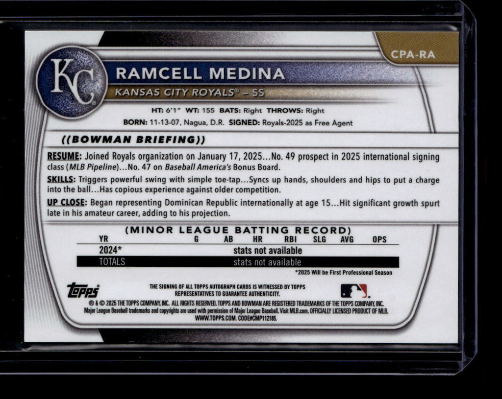 2025 Bowman Chrome Blue Reptillian Refractor Ramcell Medina Rookie Auto 23/150