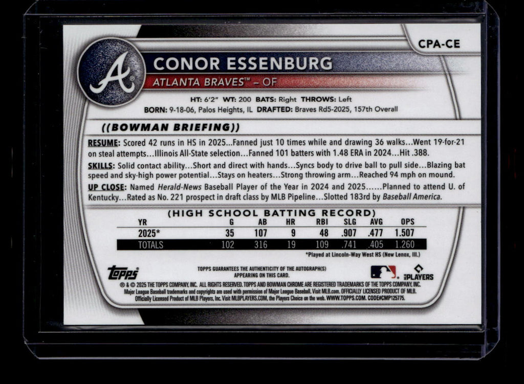SOLD 184384 2025 Bowman Chrome Autographs Purple Refractor Conor Essenburg RC Auto 105/250