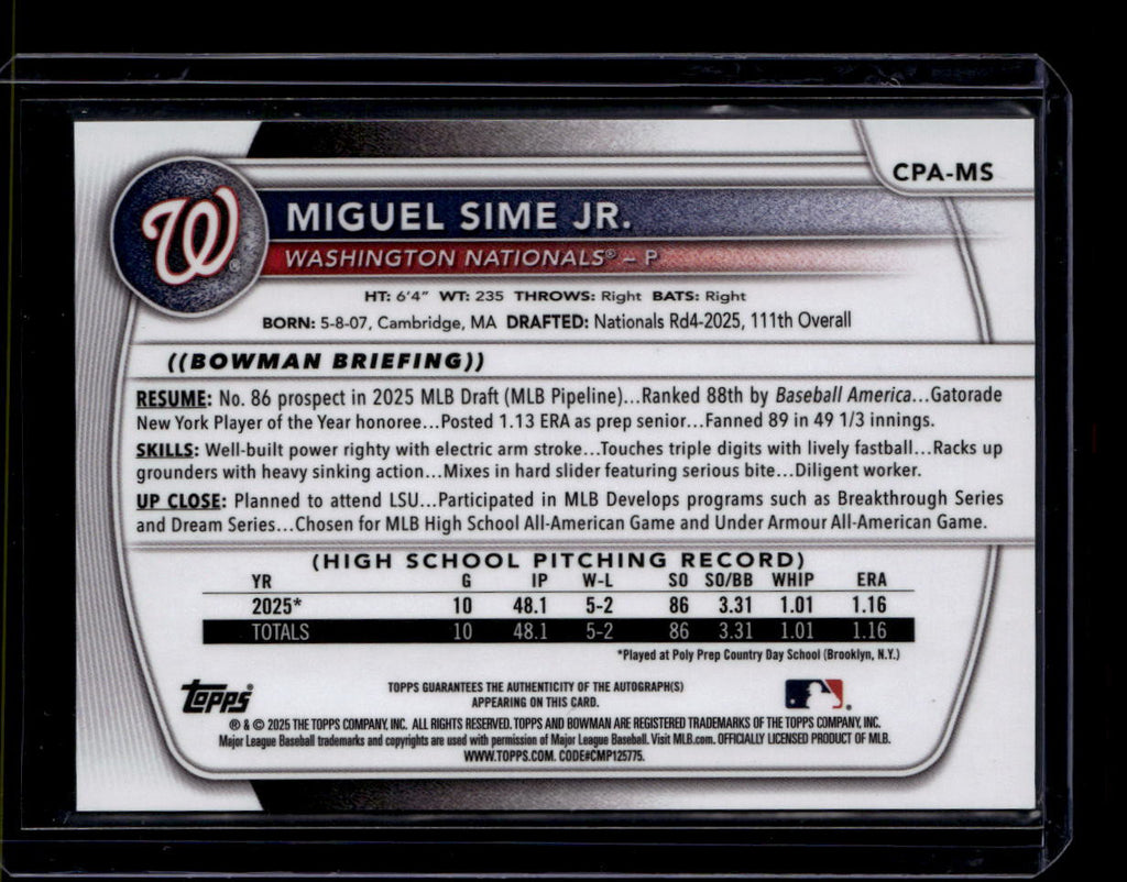 SOLD 184385 2025 Bowman Chrome Draft Autographs CPAMS Miguel Sime Jr. Rookie Auto