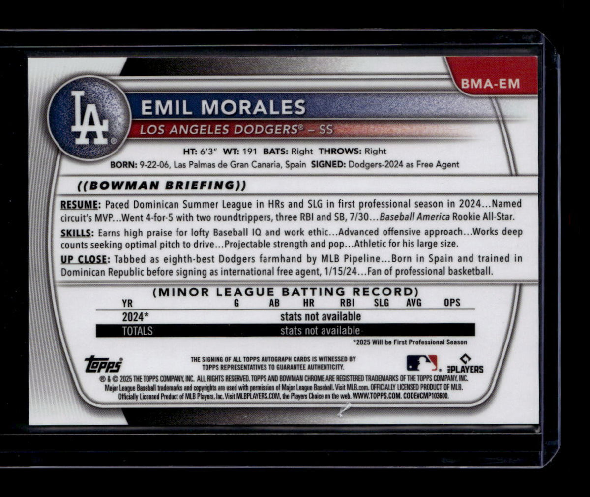 2025 Bowman Chrome Mega Box Prospect Autographs BMAEM Emil Morales Rookie Auto