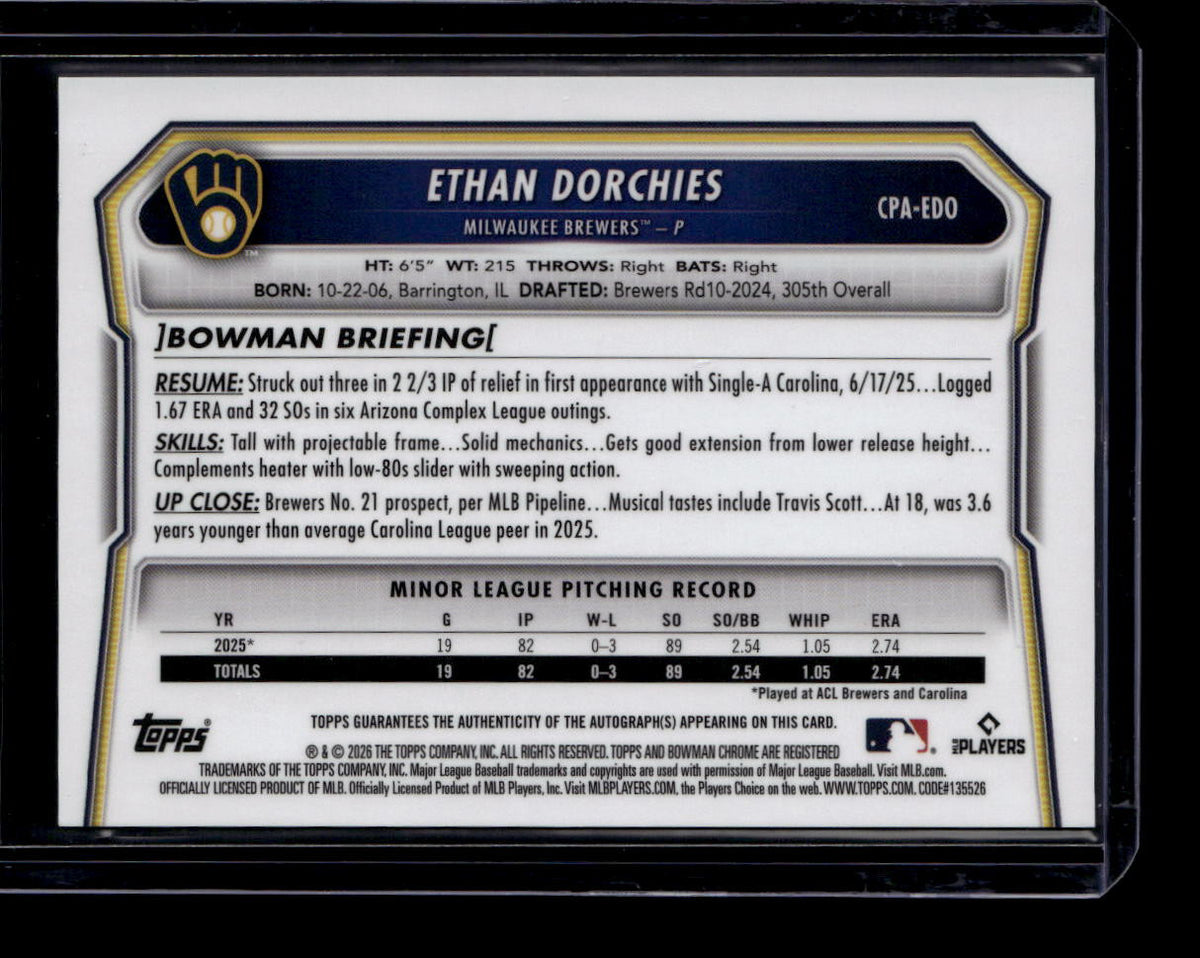2026 Bowman Chrome Green Shimmer Refractor CPAEDO Ethan Dorchies RC Auto 71/99