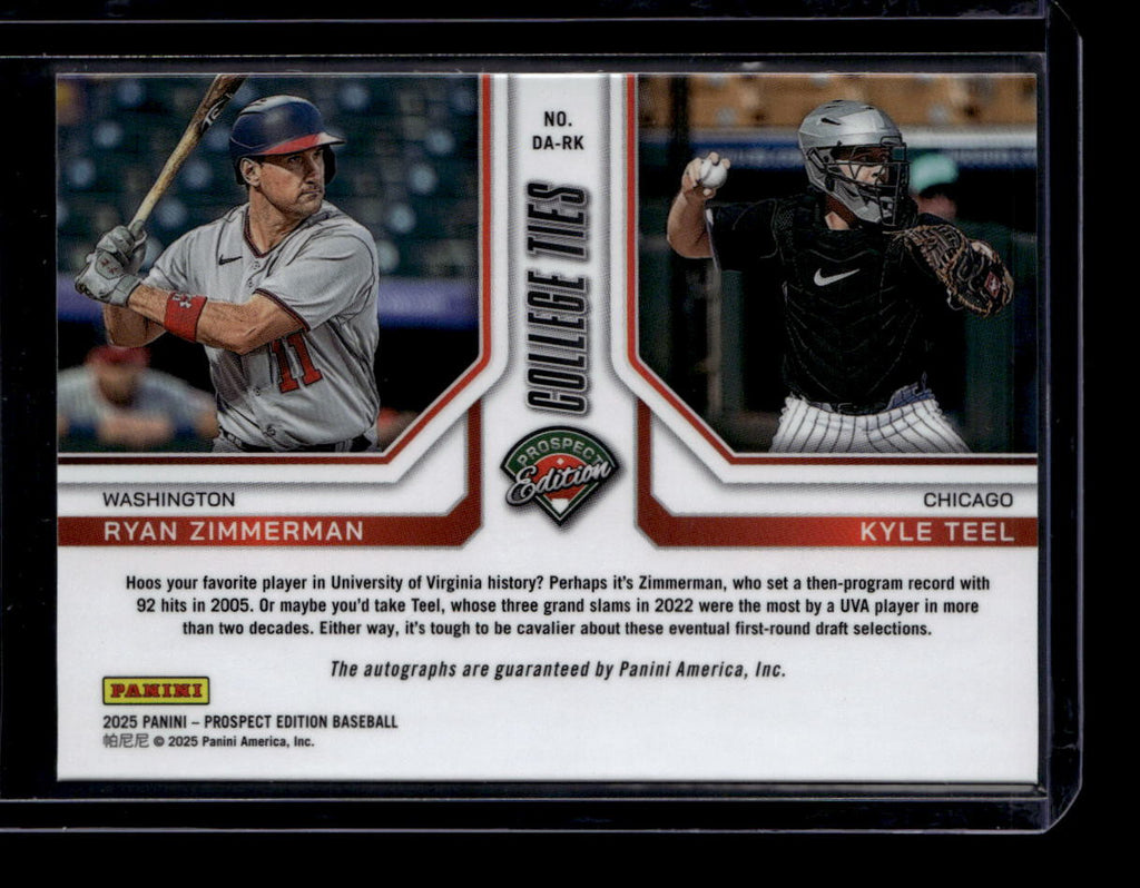 SOLD 184413 2025 Panini Prospect College Ties Autograph Zimmerman Kyle Teel RC Dual Auto /25