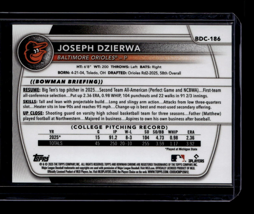 SOLD 184427 2025 Bowman Chrome Draft Gold Refractor bdc186 Joseph Dzierwa Rookie 29/50