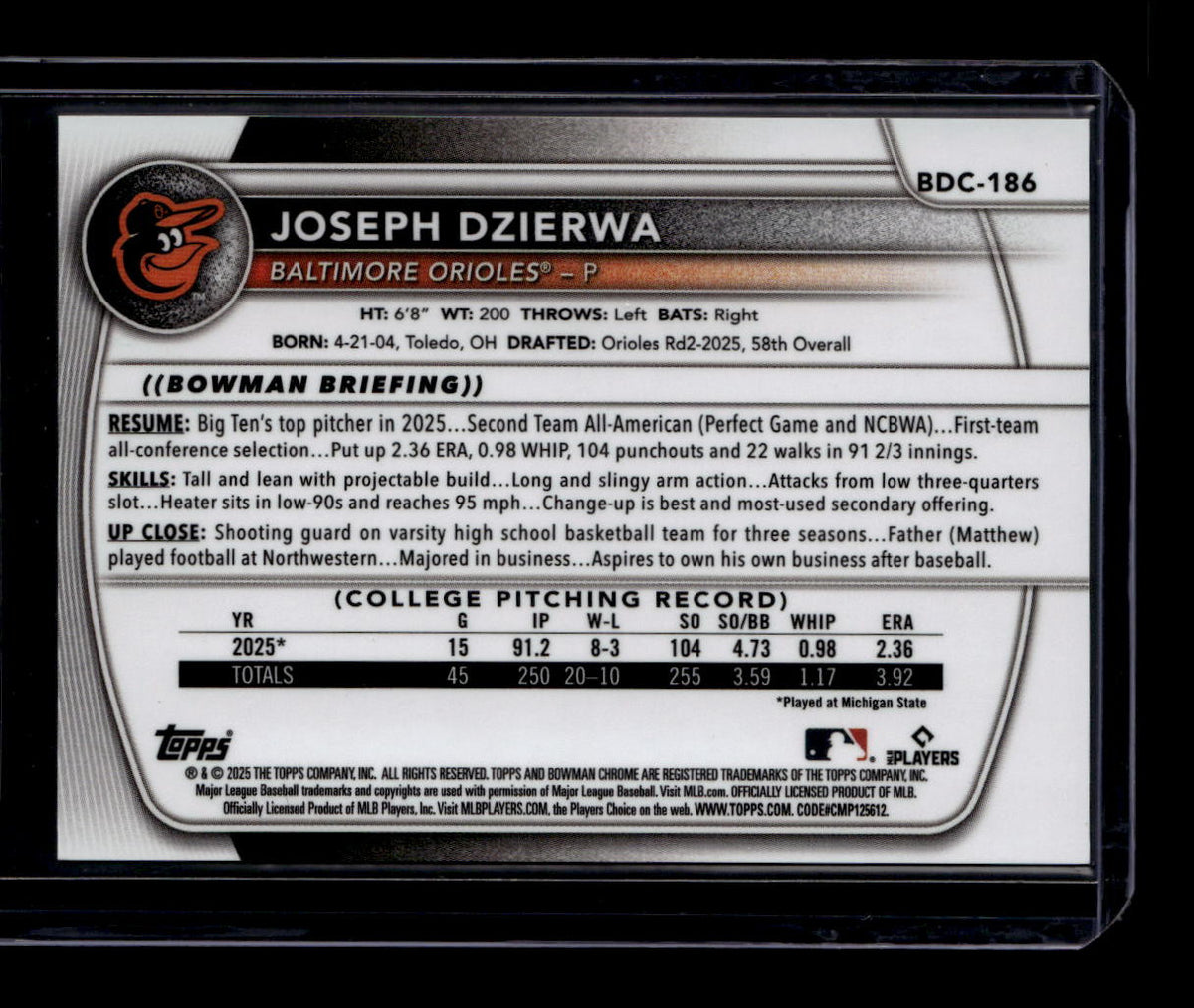 SOLD 184427 2025 Bowman Chrome Draft Gold Refractor bdc186 Joseph Dzierwa Rookie 29/50