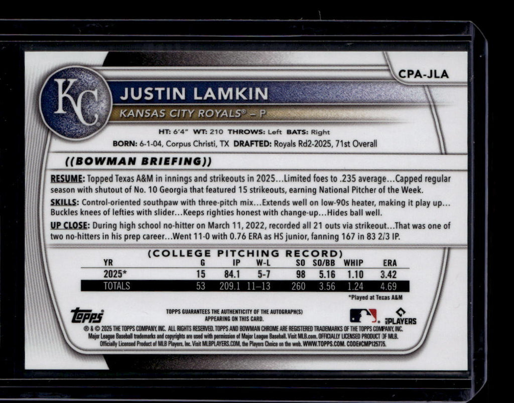 SOLD 184428 2025 Bowman Chrome Autographs Purple Refractor Justin Lamkin Rookie Auto 202/250