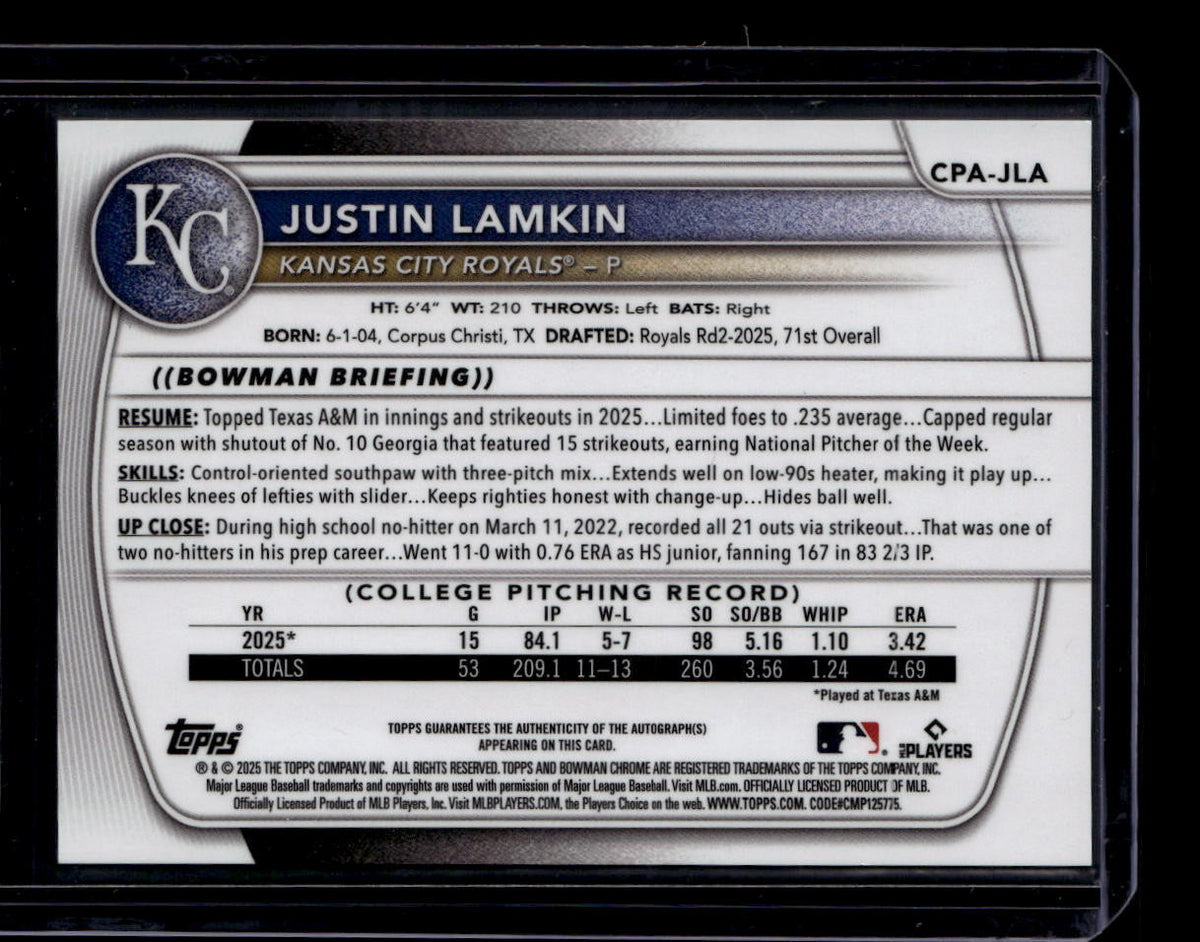 SOLD 184428 2025 Bowman Chrome Autographs Purple Refractor Justin Lamkin Rookie Auto 202/250