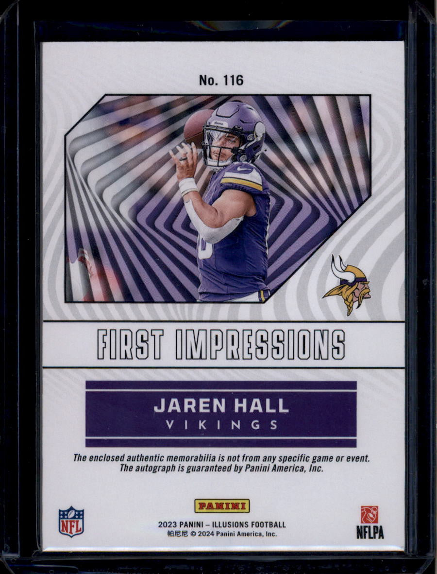 SOLD 184436 2023 Panini Illusions Purple 116 Jaren Hall Rookie Nike Logo Patch Auto 1/1