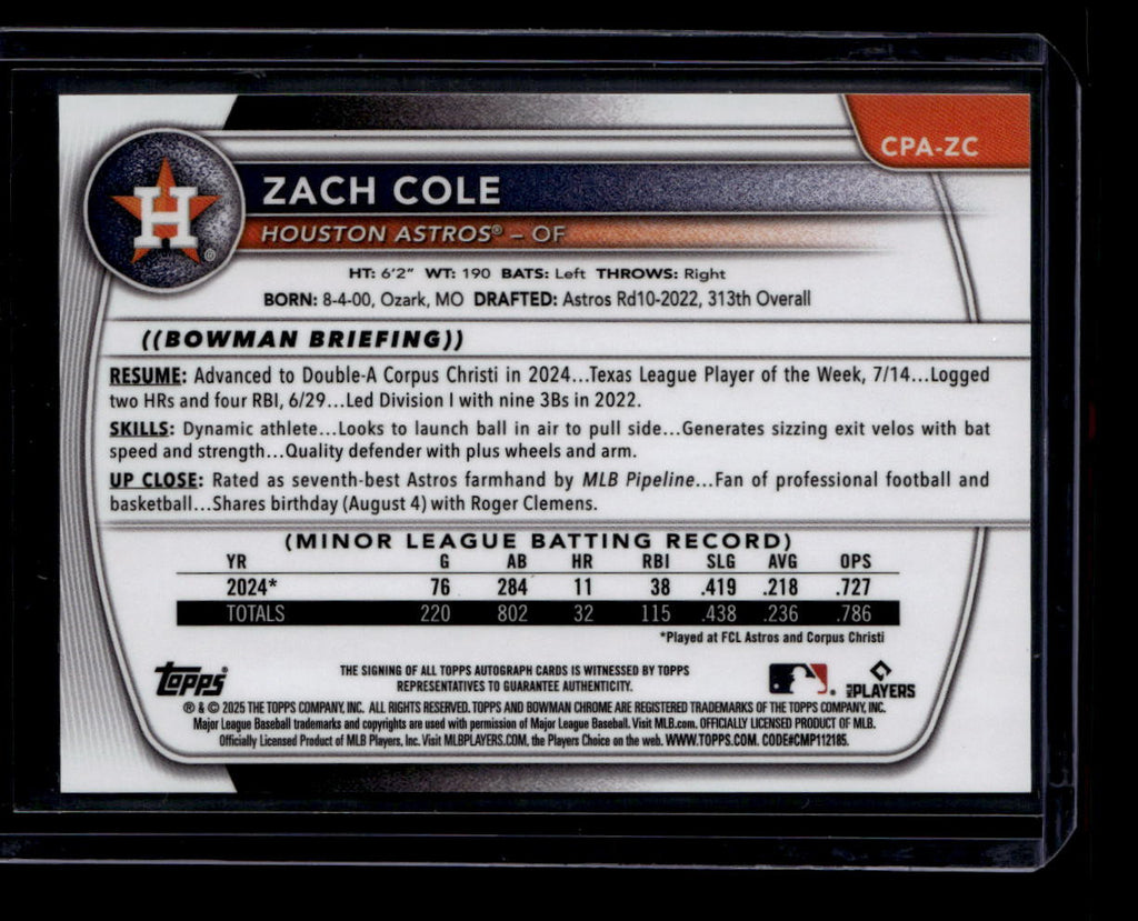 2025 Bowman Chrome Autographs Blue Refractor CPAZC Zach Cole Rookie Auto 86/150