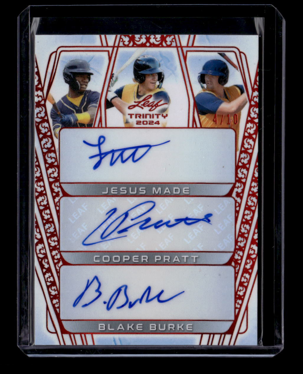 SOLD 184452 2024 Leaf Trinity Triple Autographs Red Burke Pratt Jesus Made Rookie Auto 4/10
