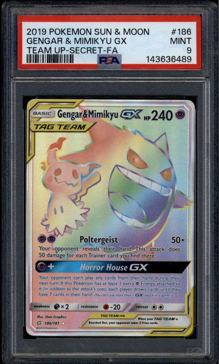 SOLD 184986 2019 Pokemon Team Up 186 Gengar &amp; Mimikyu GX SCR Secret Rare PSA 9 MINT