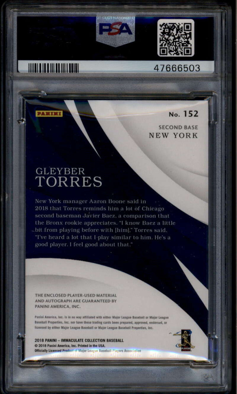 2018 Immaculate Collection Autograph 152 Gleyber Torres RC Jersey Auto /99 PSA 9