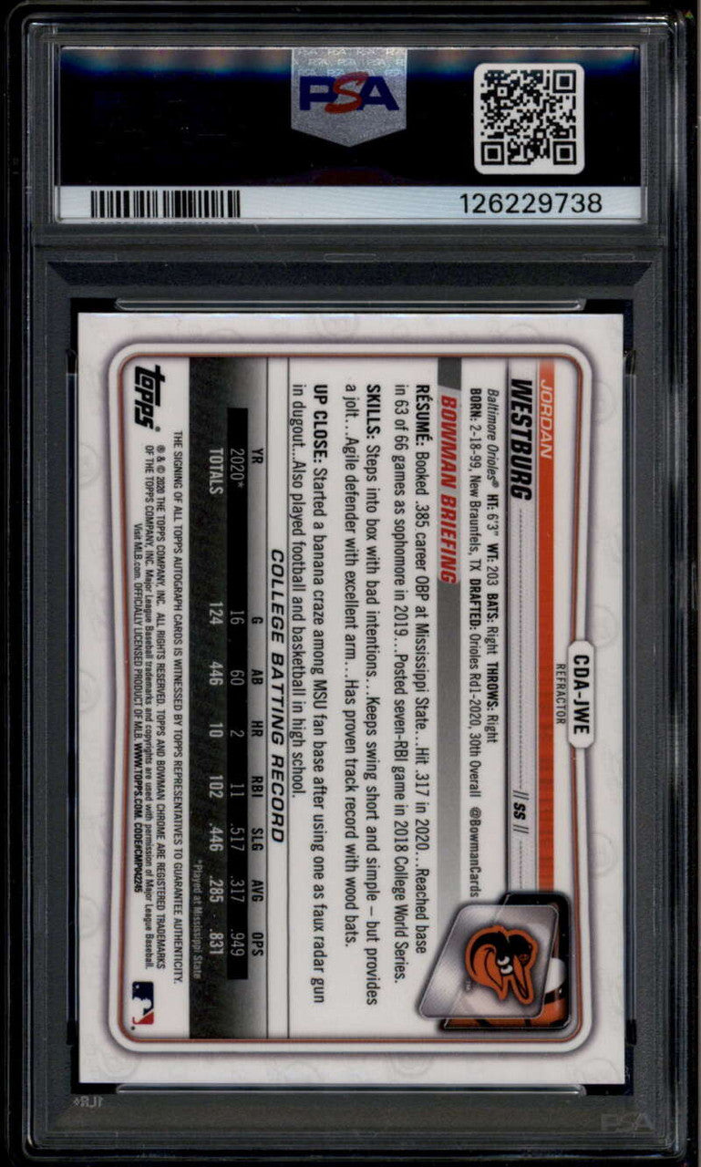 SOLD 185011 2020 Bowman Chrome Autographs Refractor Jordan Westburg RC Auto 93/499 PSA 9