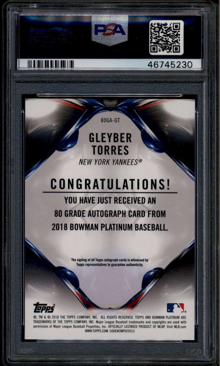 2018 Bowman Platinum 80 Grade Autographs Gleyber Torres RC Auto 21/80 PSA 10 GEM